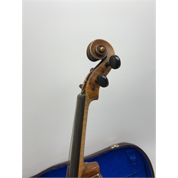 Late 19th/early 20th century German violin with 36cm one-piece maple back and ribs and spruce top, bears label 'Stradivarius Cremonsis Anno 1723', 59cm overall, in carrying case with bow and chin rest
