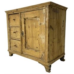 19th century pine cupboard, fitted with panelled cupboard and three drawers, on bracket feet