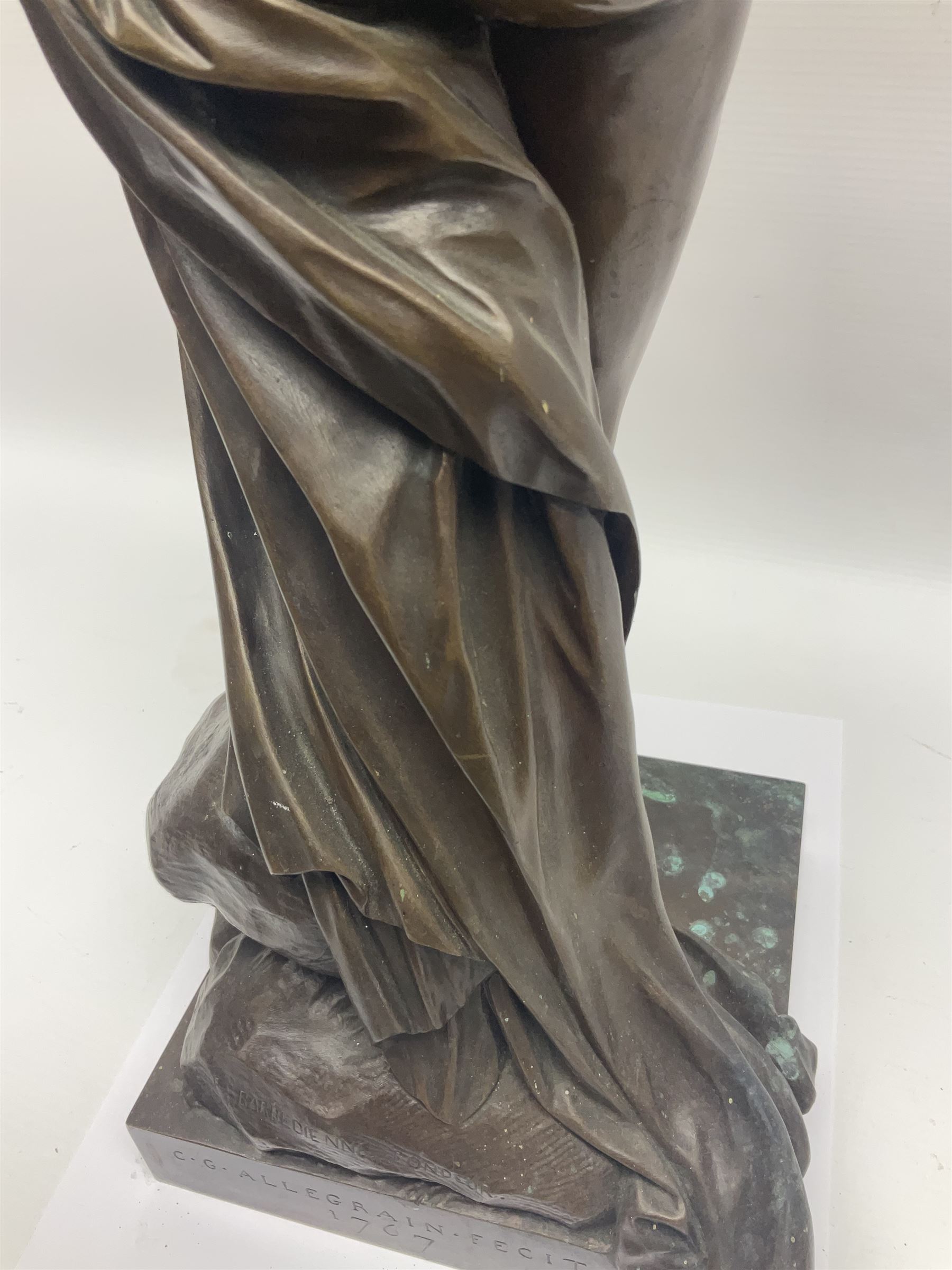 After Christopher Gabriel Allegrain (1710-1795),  Venus au bain, bronze, upon square plinth, Impressed F Barbedienne Fondeur, the base impressed C G Allegrain Fecit 1767, and bearing Barbedienne foundry seal, overall H51cm