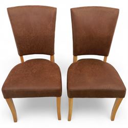 Contemporary oak dining suite, comprising rectangular table with solid top and square legs, together with four brown leather upholstered dining chairs with oak legs (5)