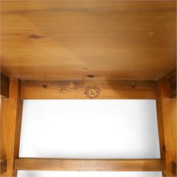 Pair of 20th century full-size pine Orkney chairs, high-back armchairs of traditional design, pegged and wedged construction, wrap-around backrest and sides, above scrolled out-swept arms and solid rounded pine seat, raised on square tapering legs united by stretchers, hand-signed ‘Jackie Miller’ and stamped ‘Orkney’
