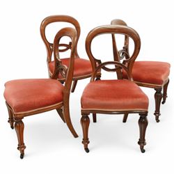 Victorian mahogany pedestal breakfast table on scroll feet, 128x74cm, with four walnut balloon back dining chairs with vase reeded legs, 89x45x44cm 