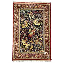Persian indigo and crimson ground hunting rug, the filed decorated with hunters on horseback (205cm x 132cm); together with a small Afghan Bokhara rug (111cm x 79cm)