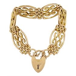 Victorian 9ct gold textured and polished fancy link bracelet, with heart locket clasp by Charles Daniel Broughton, stamped 9c