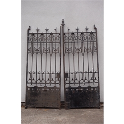  Large pair 20th century wrought metal gates, twisted rails with scrolls, pointed finials, fitted with lock, plaque 'Gebr. Vincent Schiedam (Netherlands)', W234cm, H281cm  
