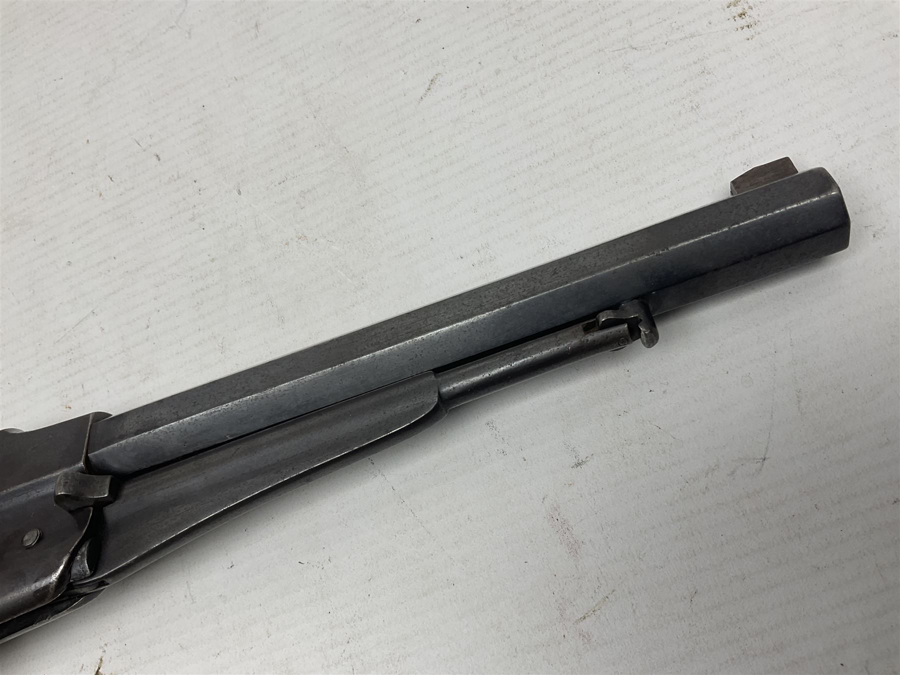 Unmarked Spencer & Rogers type Remington style .44 cal. six-shot percussion revolver, 20cm octagonal barrel with loading lever under, brass trigger guard and two-piece wooden grip L37cm overall; together with a framed watercolour by Alan J. Gray dated 2009 entitled 'The Remington .44 Calibre 1861 Navy Revolver'  19 x 42cm (2)