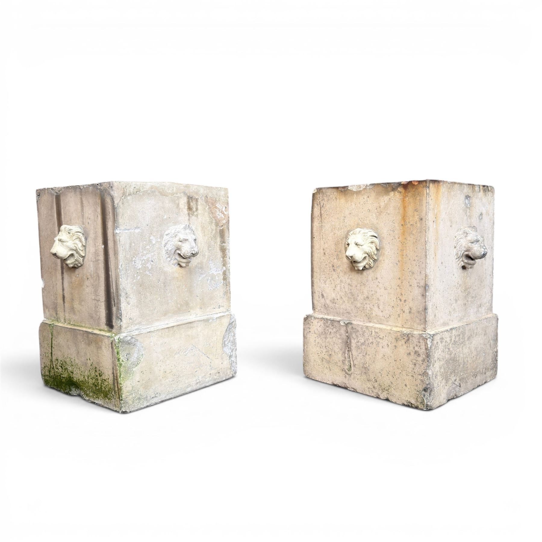 J M Blashfield - pair of 19th century buff terracotta garden urn plinths, square form with stepped base, decorated with relief lion masks