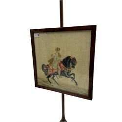 19th century mahogany pole screen, square needlework panel depicting nobleman on horseback, turned stem on three splayed supports