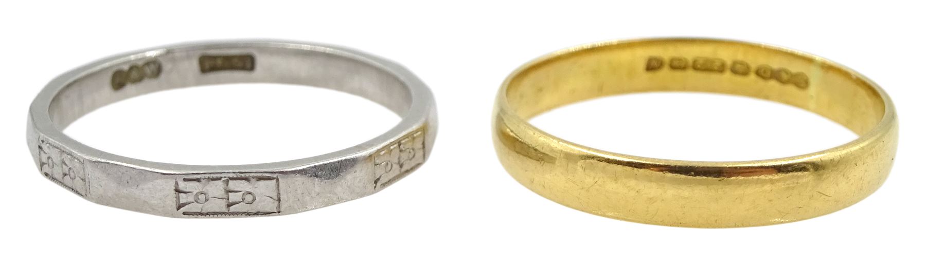 Platinum wedding band, stamped PT 97 and a 22ct gold wedding band, hallmarked
