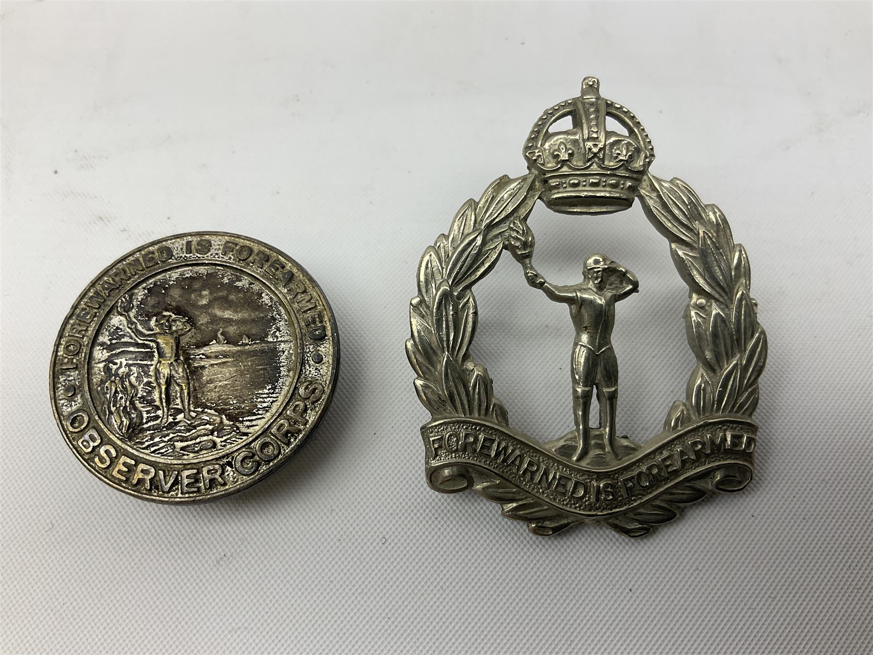 WW2 Royal Observer Corps - approximately one-hundred and seventy aircraft recognition cards; 1938 Instruction Booklet; cap badge and lapel badge; and cloth shoulder title