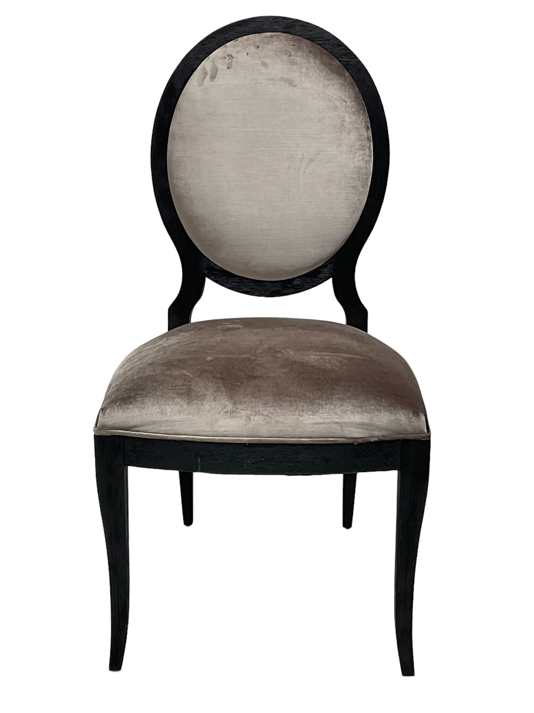 India Jane Interiors - Pair of French design cameo back dining chairs, upholstered in silver velvet fabric ebonised frame, on square tapering supports with splayed feet - ex-display/bankruptcy stock 