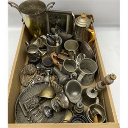 Quantity of silver plated metalware to include Walker & Hall, trophies etc, pewter tankards etc in one box