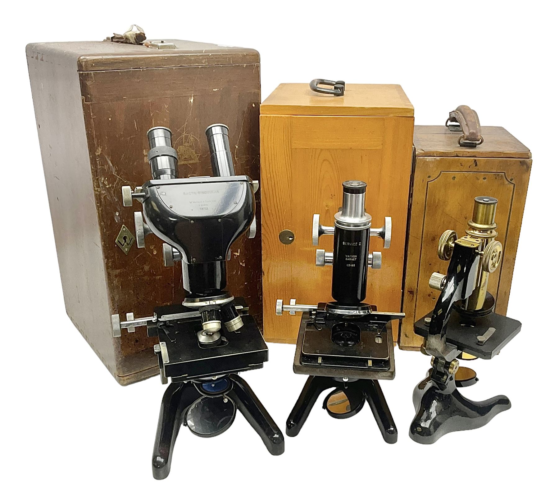 Three microscopes, comprising Ernst Leitz Wetzlar, W Watson & Sons service II no 125485, W Watson & Sons Bactil binocular no 115722, all boxed  