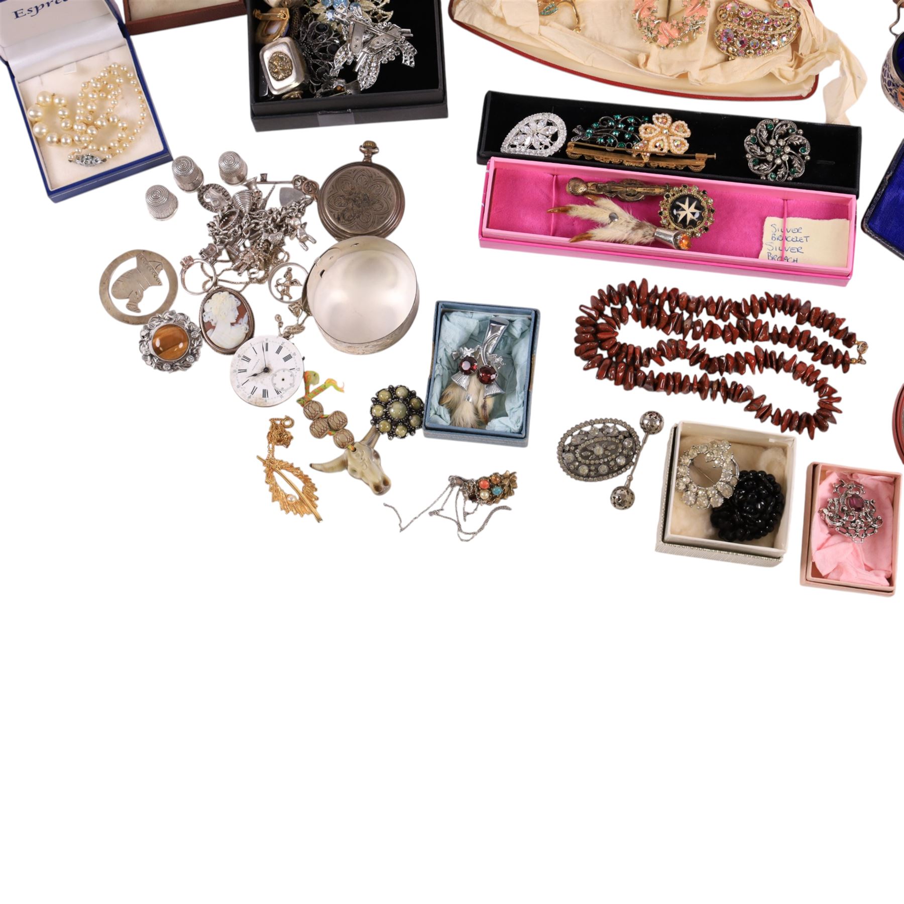 Three silver thimbles, silver jewellery including buckle bangle, charm bracelet, continental 800 pocket watch, pendant, brooch, etc, together with a collection of costume jewellery