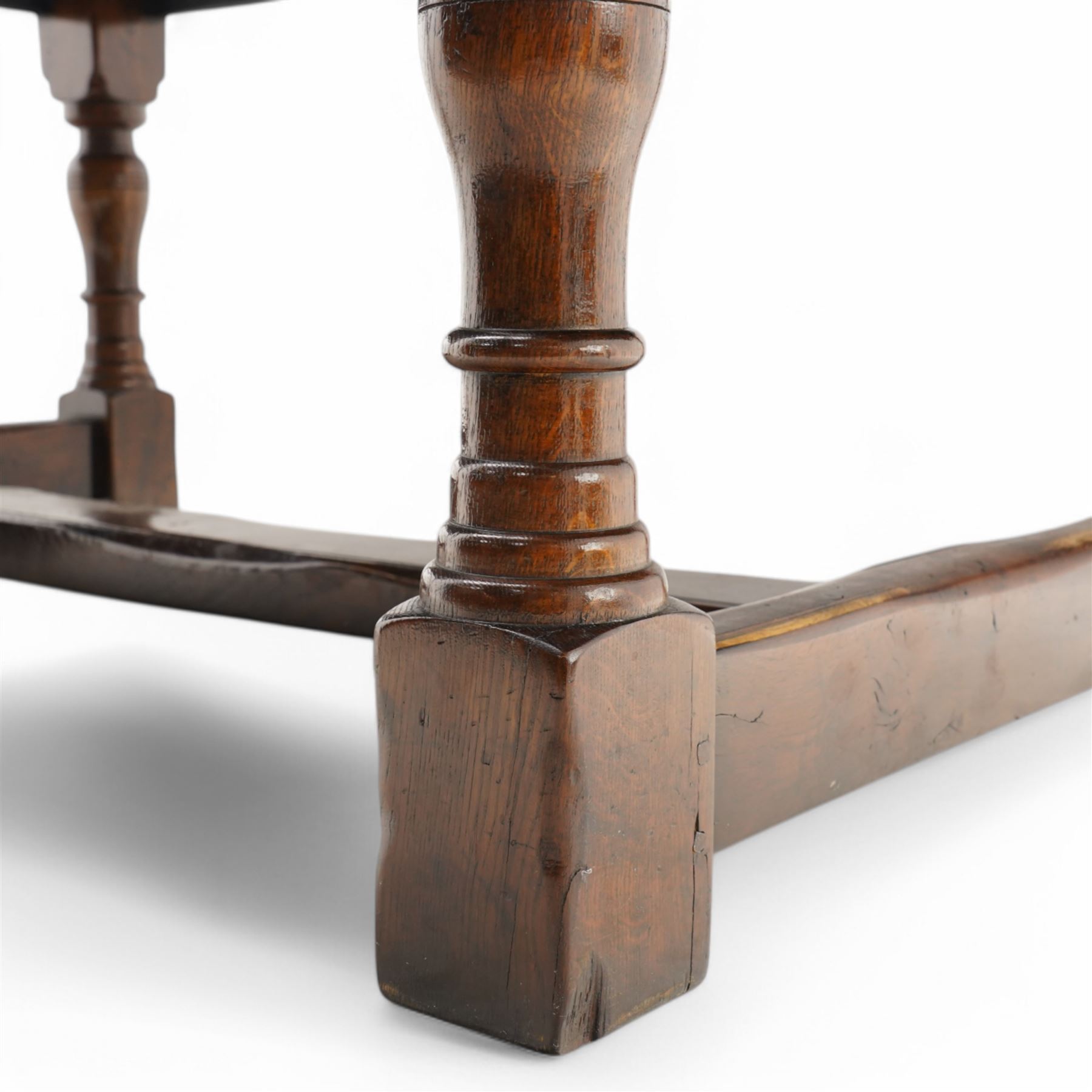 17th century design oak refectory dining table with baluster turned supports  united by a H-shaped stretcher base