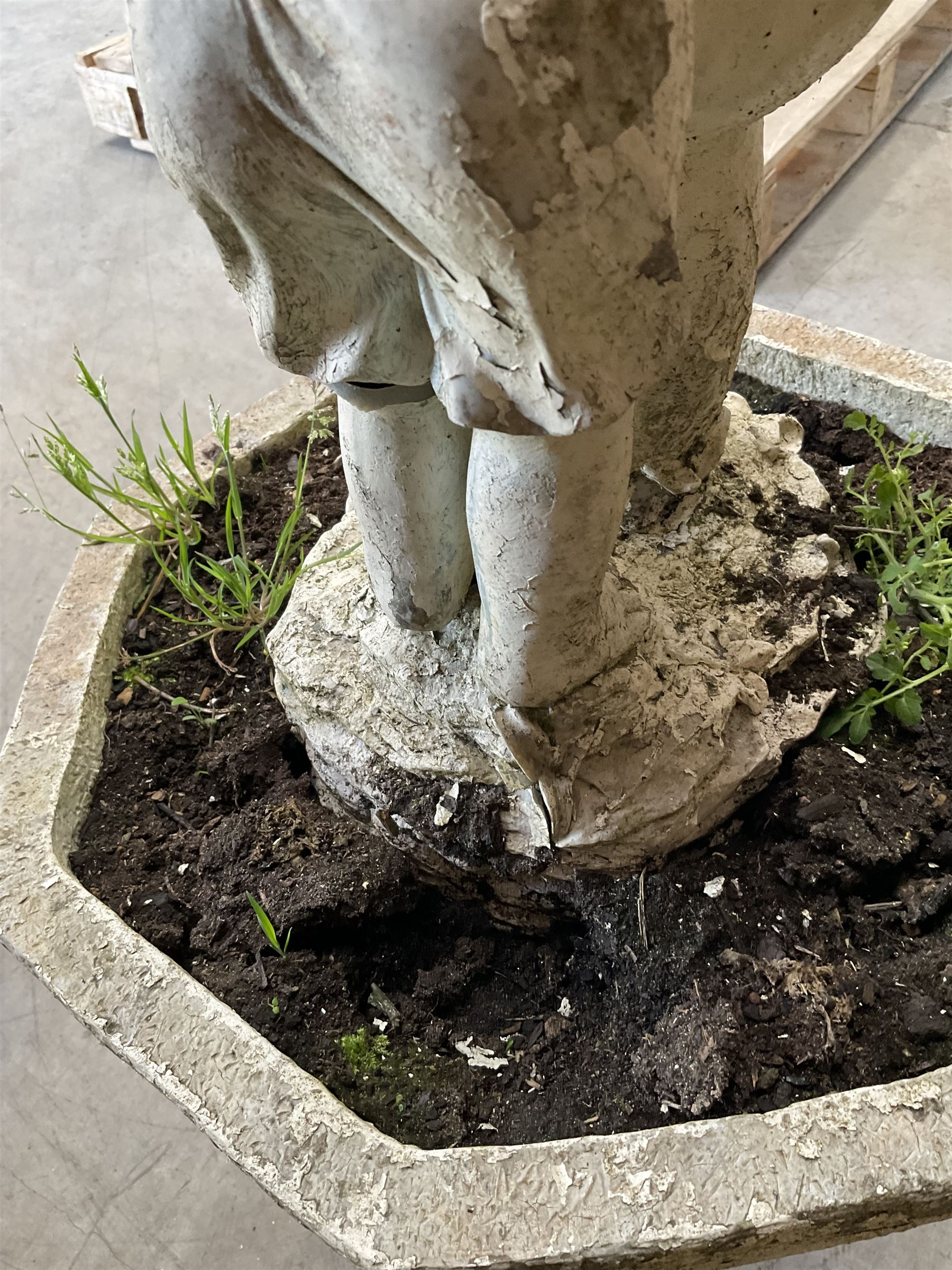 Four cast stone maiden figures, small bird bath and planter