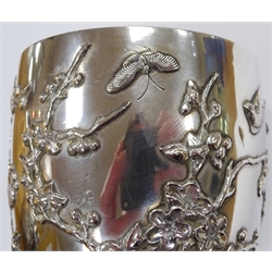  Chinese export silver goblet with applied prunus bird and butterfly decoration by Cumshing stamped HK 85, engraved ' Teething Handicap Kongmoon 1914 Ist Prize Olaf Edward Olsen', 16.6cm 6.2oz  