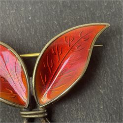 Norwegian silver-gilt red guilloche enamel double leaf brooch, by David Andersen, stamped DA Sterling Norway 925S, H2.6cm