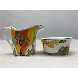 Wedgwood limited edition Clarice Cliff Design The Connoisseur Collection comprising Cornwall coffee pot, Windbells milk jug and Secrets sugar bowl, with certificates of authenticity