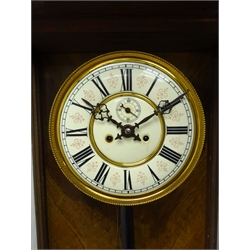  Victorian walnut Vienna style wall clock with architectural cresting, Roman dial with subsidiary, twin train movement striking on a coil, H142cm, with weights pendulum and key    