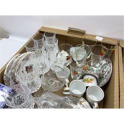 Quantity of ceramics and glassware to include jardinière on stand, candlesticks, drinking glasses, cake stands, Ringtons teapots, Goss, misc etc in four boxes