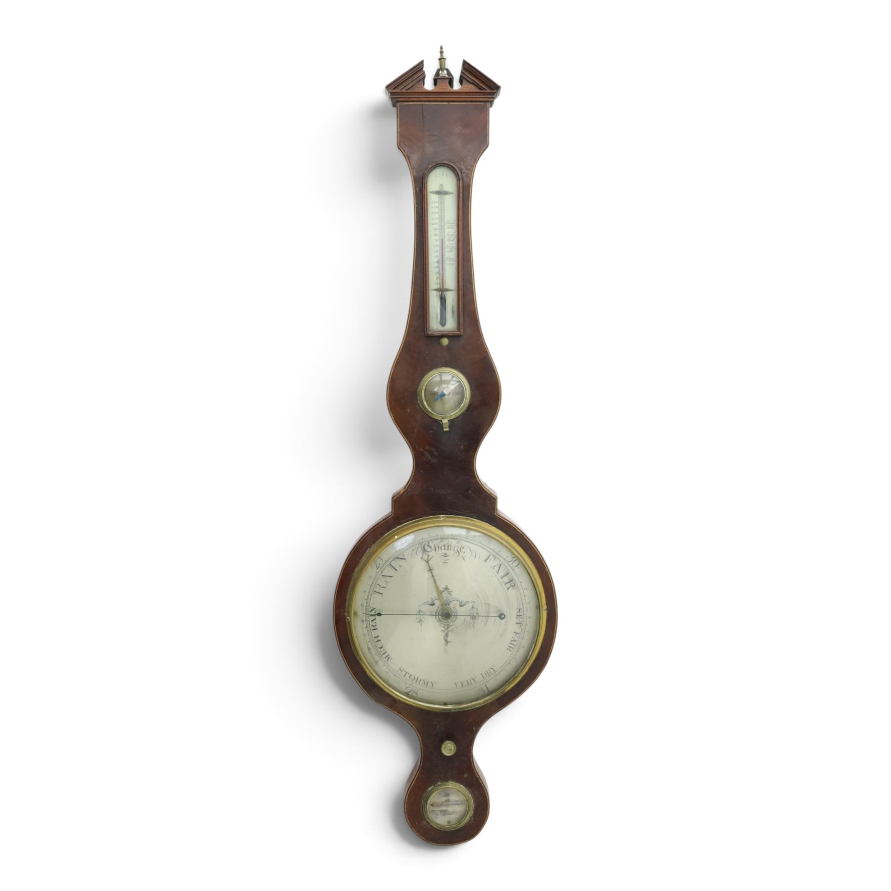 Three mahogany wheel barometers, each with silvered dial, thermometer and hygrometer, two with inlaid decoration, one with architectural pediment and one with swan-neck pediment 