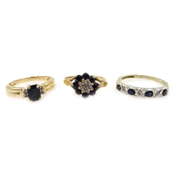  Three sapphire and diamond gold rings, hallmarked 9ct   