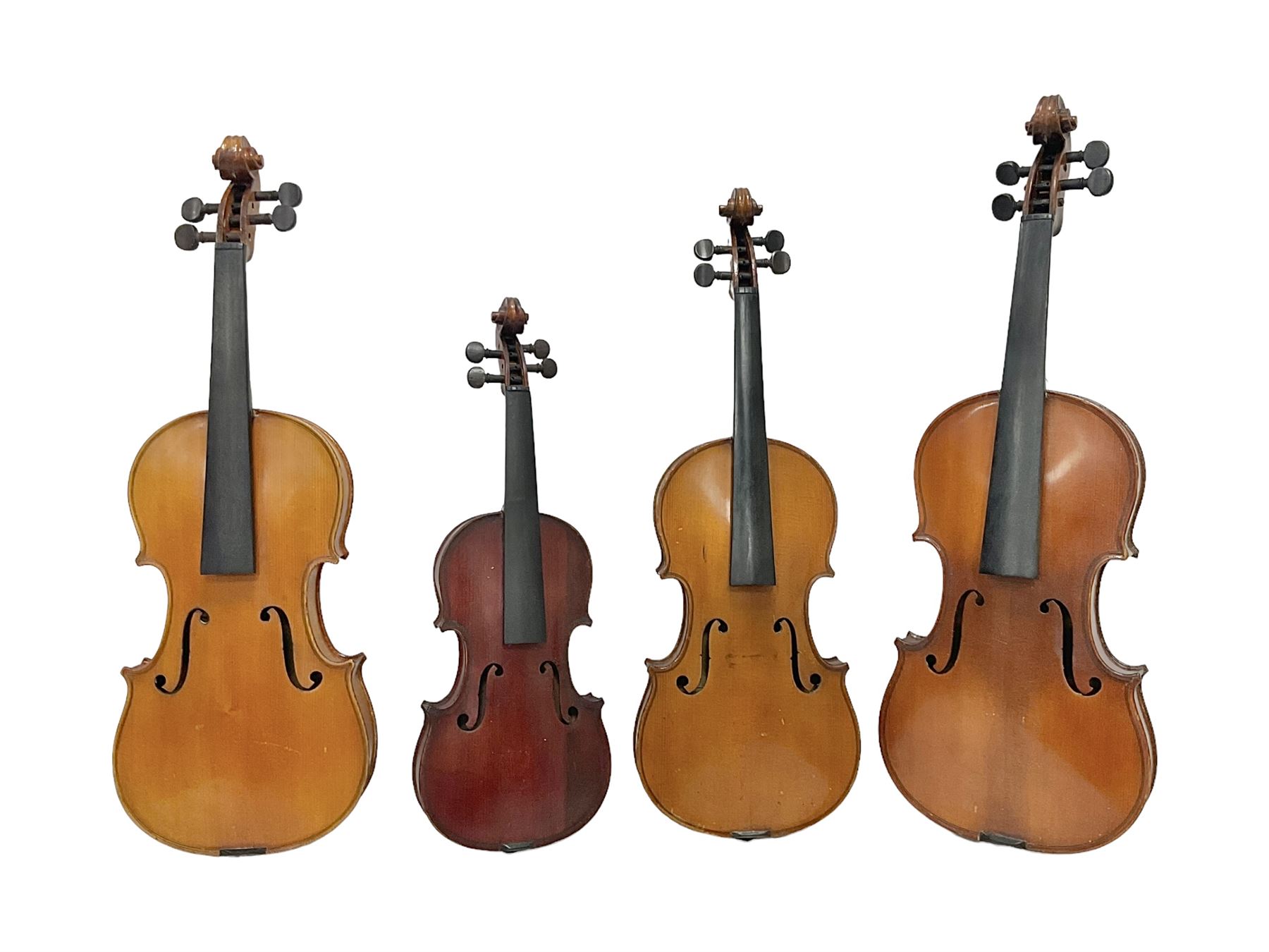 Four violins 1/8th size; half size with Nicolas Bertholini label; three-quarter size with Stradivarius copy label; and full size with Marquis De L'Air label (4)