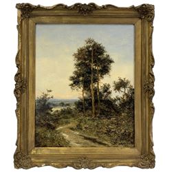 L Richards aka David Sherrin (British 1868-1940): Country Paths at Dawn, tryptic oils on canvas max 50cm x 75cm (3)