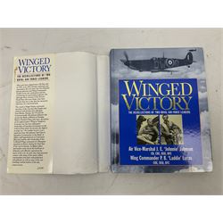 Winged Victory. 1995. Loose mounted signed dedication note and bookplate on the fep from the authors Wing Commander P.B. (Laddie) Lucas and Air Vice-Marshall J.E. (Johnnie) Johnson with duplicate signatures on the title page. Unclipped dustjacket.