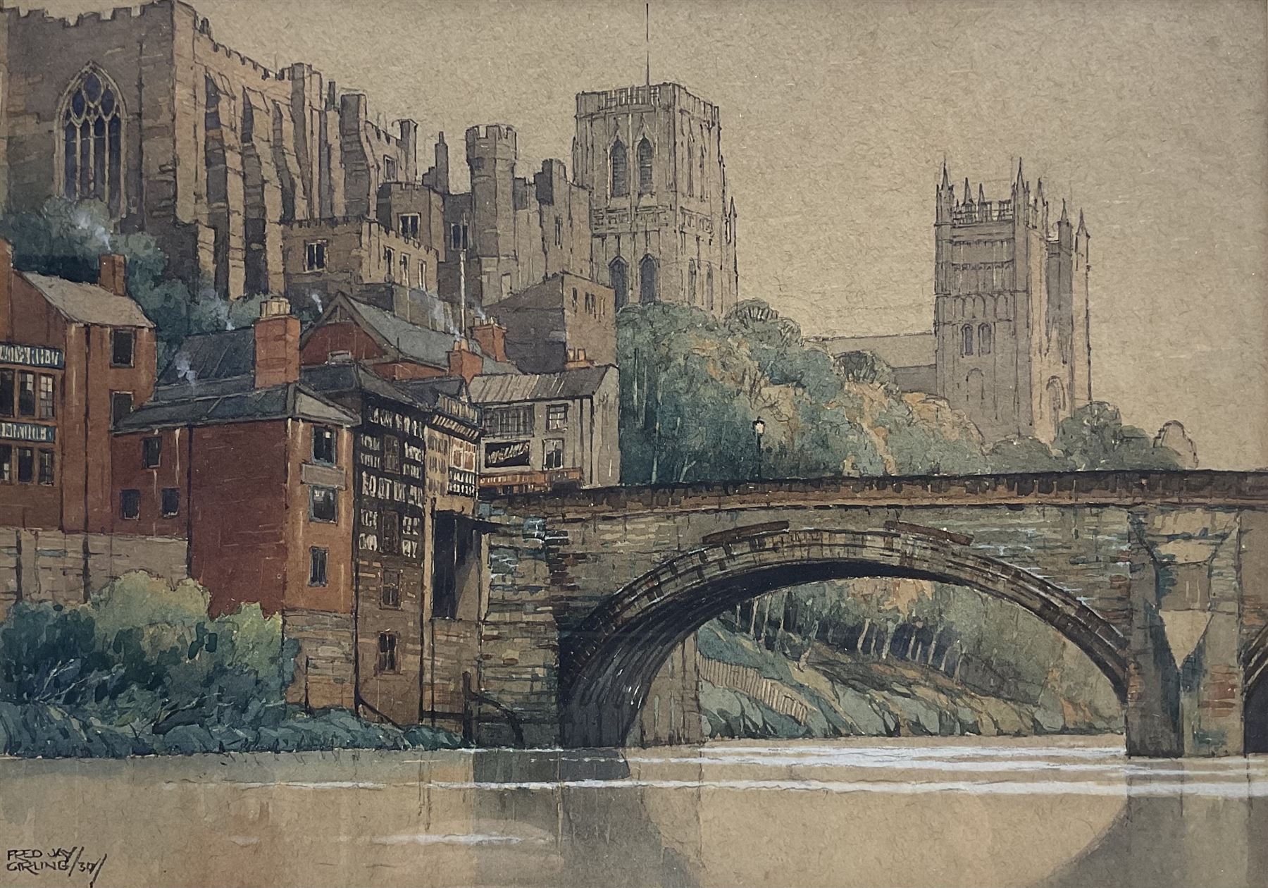 Fred Jay Girling (British 1900-1982): Durham, watercolour over pencil on buff paper signed and dated 1930, 27cm x 38cm