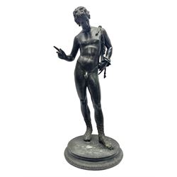 Bronzed classical nude male figure, upon a stepped circular base, H61cm 