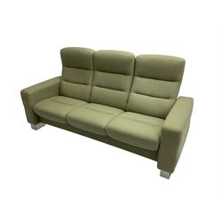 Ekornes Stressless - three seat reclining sofa upholstered in pale green fabric (198cm x 82cm x 100cm), Ekornes Stressless - matching two seat reclining sofa (144cm x 82cm x 100cm), Ekornes Stressless - storage ottoman with hinged seat upholstered in pale green fabric (60cm x 60cm x 42cm)