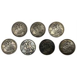Seven Queen Victoria crown coins, dated 1888, two 1890, 1891, 1893, 1895 and 1896