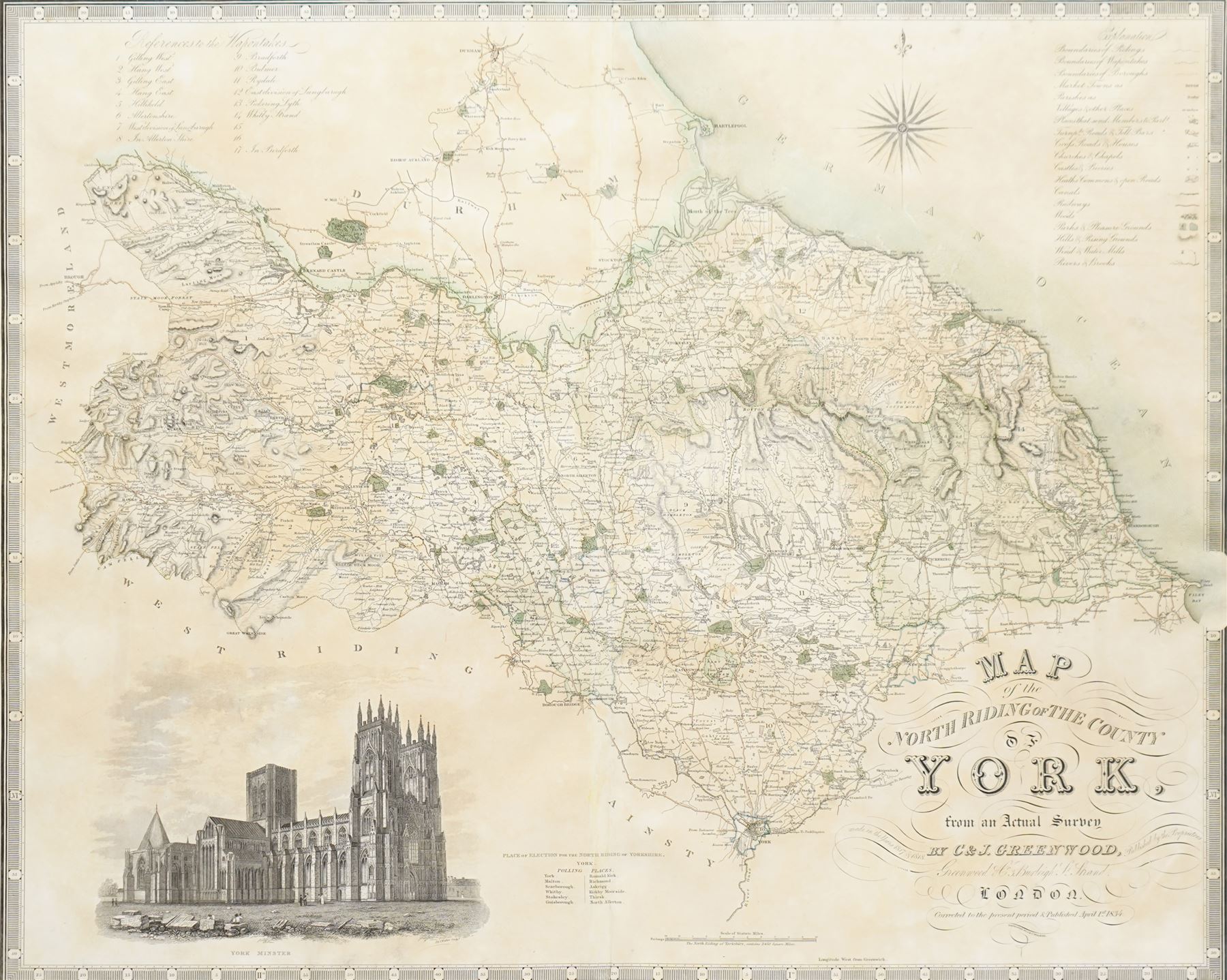 Christopher Greenwood (British 1786-1855): 'Map of the West Riding of the County of York', 19th century map with hand-colouring pub.1834, 62cm x 77cm 