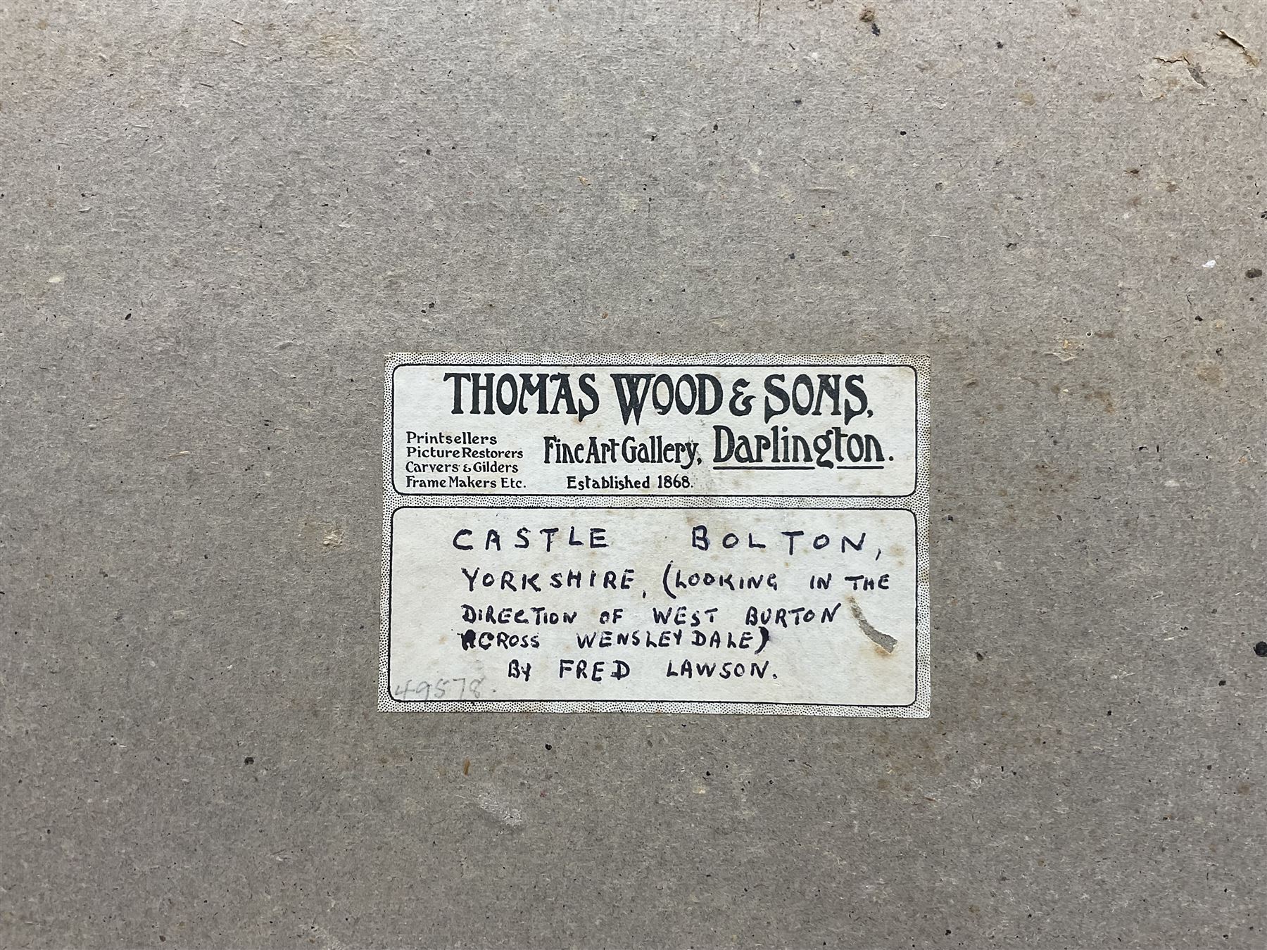 Frederick (Fred) Lawson (British 1888-1968): 'Castle Bolton - Looking in the direction of West Burton across Wensleydale', watercolour signed, titled on label verso 28cm x 37cm 