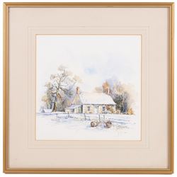 John Freeman (British 1942-): 'Morel Farm' and Farm in Winter, pair watercolours signed and dated '90, one titled, 23cm x 23cm (2)