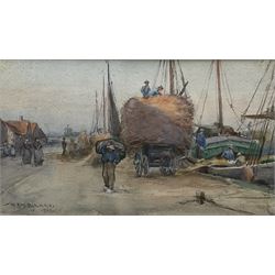 William Kay Blacklock (British 1872-1924): Loading Hay Barges on the Quayside, watercolour signed and dated 1909, 15cm x 27cm 