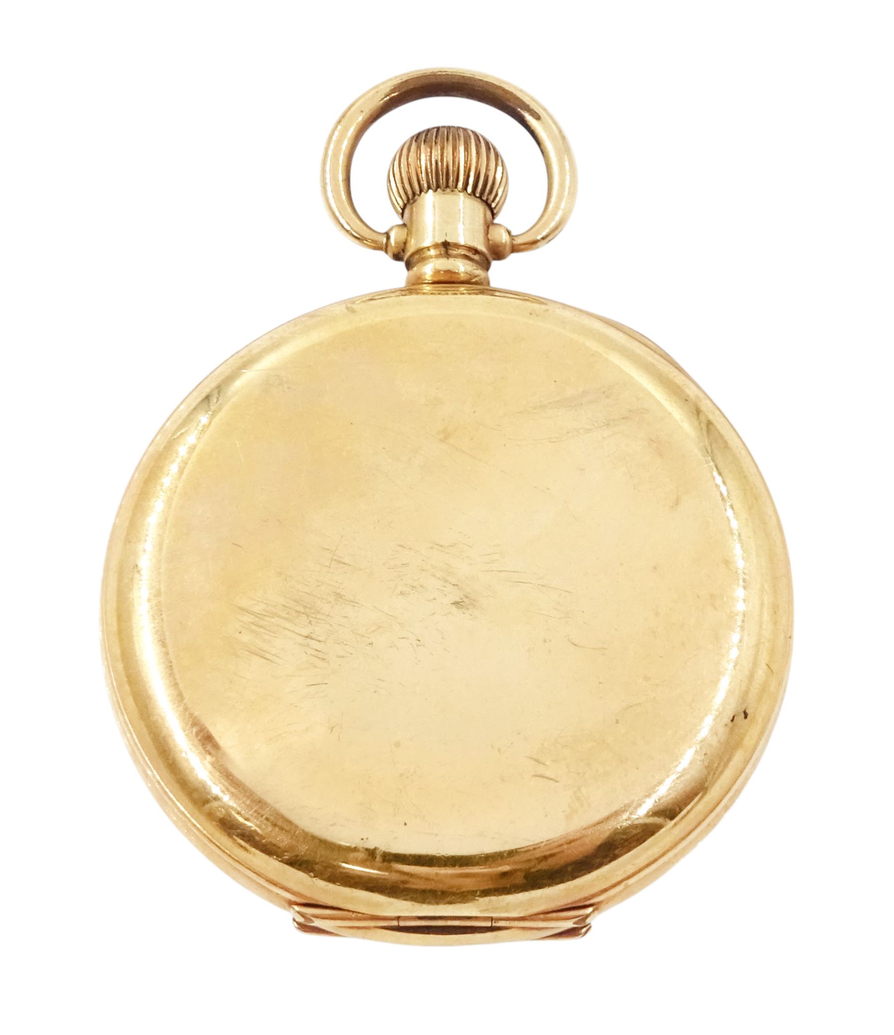 Early 20th century gold-plated open face Admiralty keyless Swiss lever pocket watch by Northern Goldsmiths Co, Newcastle, white enamel dial with Roman numeral hour markers and subsidiary seconds dial, case by Dennison