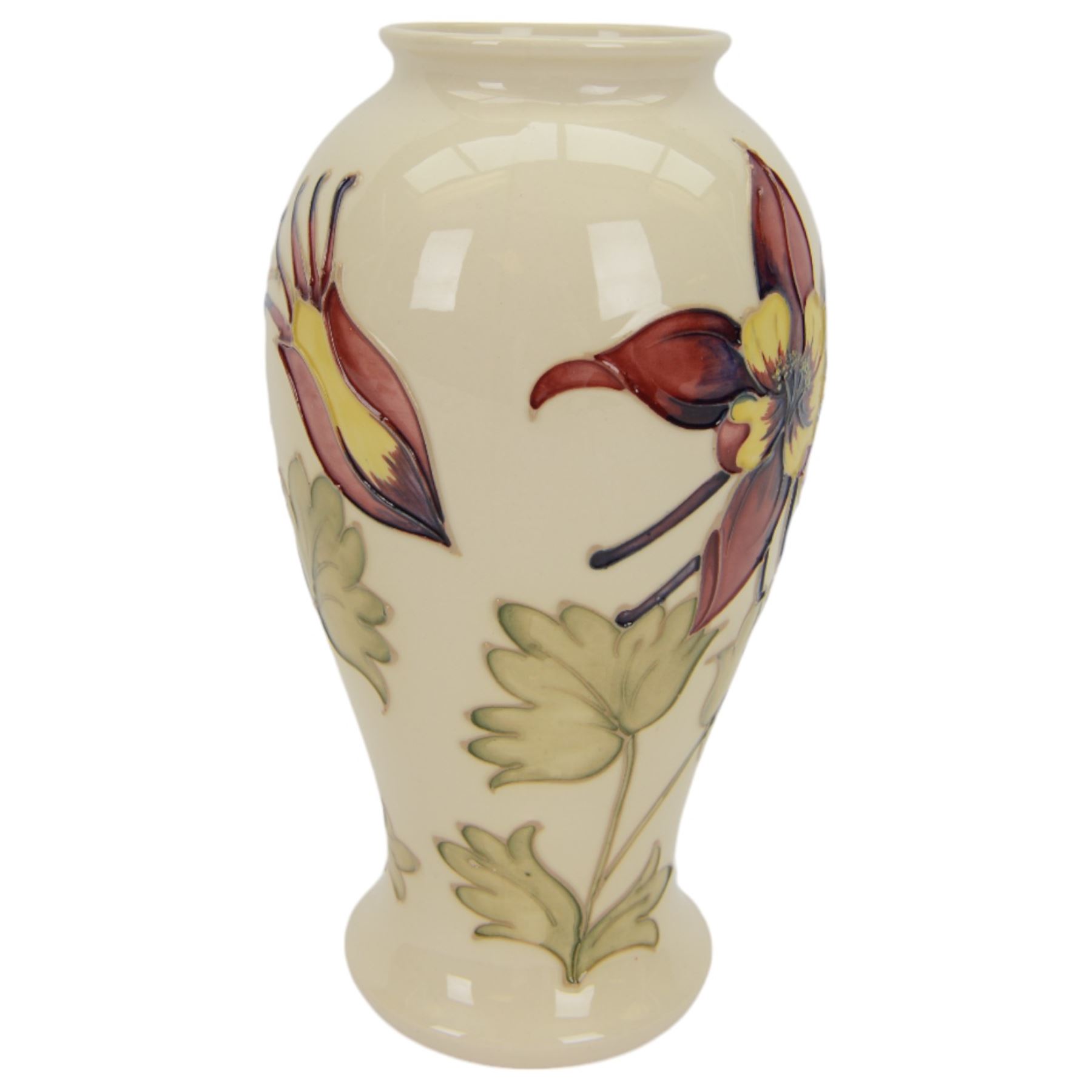 Moorcroft Columbine pattern vase, of baluster form on a cream ground, H26cm
