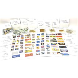 Hornby Dublo etc - large quantity of labels etc comprising headboards and train names including Mallard, Mancunian, Bristolian, Royal Scot, Flying Scotsman, Red Rose, White Rose, etc; destination boards for corridor coaches; station names; miniature posters; insulating tabs; lubricating oil etc; many in original packets.