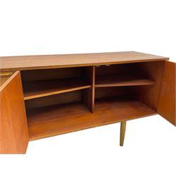 Morris of Glasgow - mid-20th century teak sideboard, fitted with double cupboard and single drawer above fall-front cabinet, raised on tapering supports