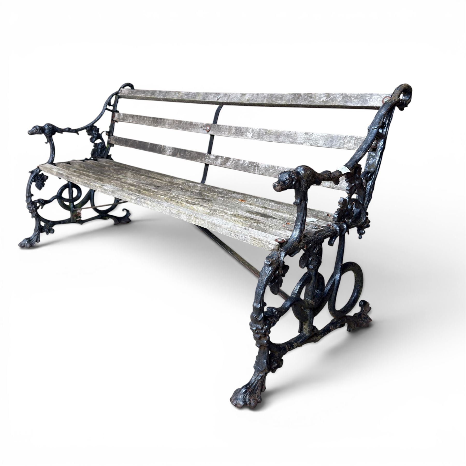 Victorian revival Coalbrookdale 'Dog and Serpent' pattern heavy cast iron garden bench, grape vine detail, joined with eight hardwood slats, finished in black paint
