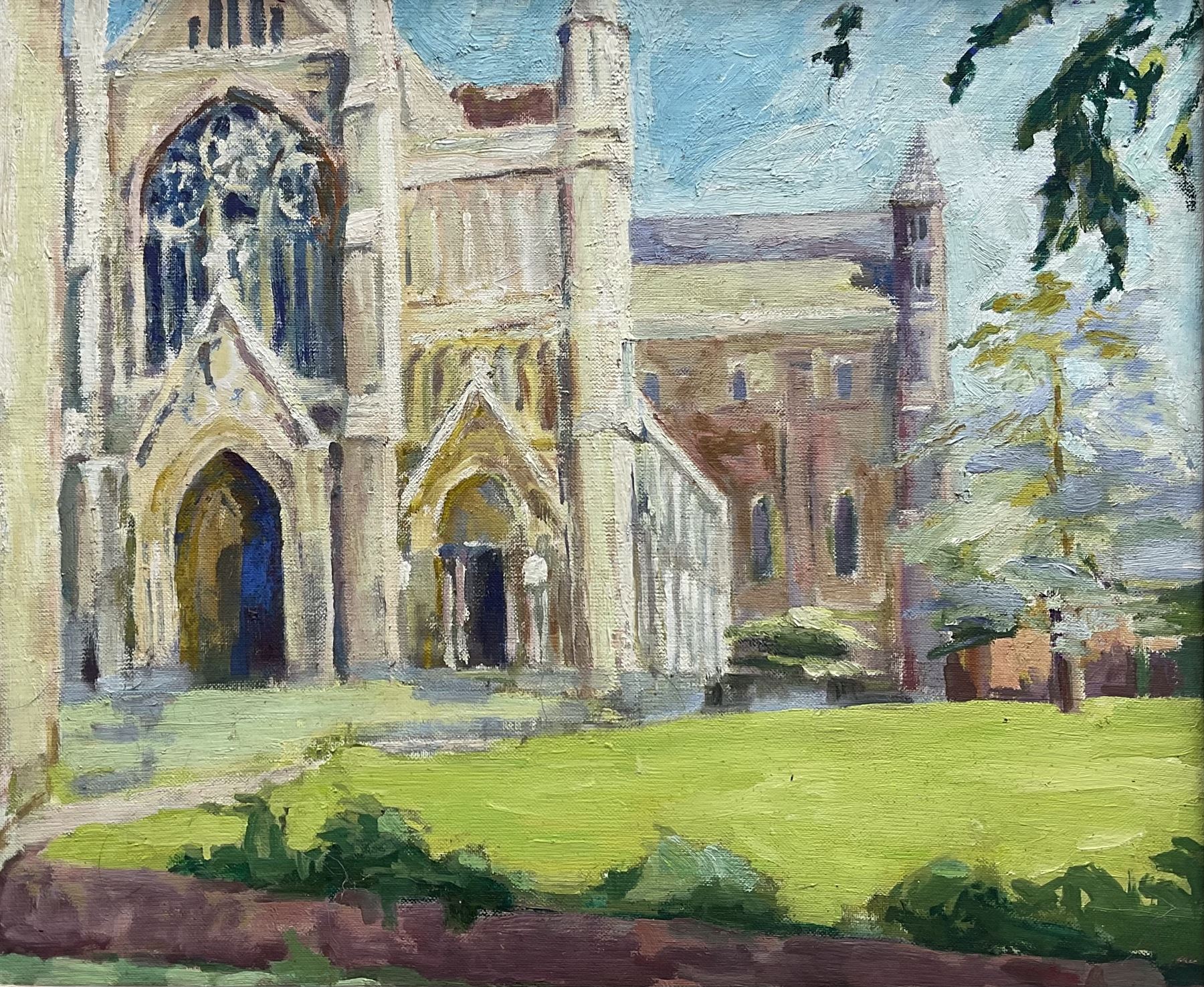 Pamela Chard (British 1926-2003): St Albans Cathedral, oil on board unsigned 49cm x 60cm
Provenance: studio collection of the late William Chard, the artist's husband
Notes: Chard was a British artist and teacher married to fellow artist William Chard (1923-2020). The couple met at the Redfern Gallery in Cork Street, London, and went on to study under several important artists such as Henry Moore, Ceri Richards, and Vivian Pitchforth. They were both active members of 'The Arts Council of Great Britain', and exhibited with the London Group and Drian Gallery.