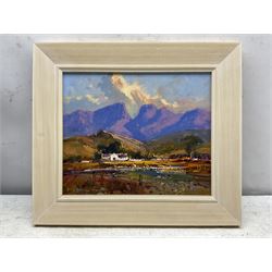 Gerrit Roon (South African 1937-2017): Mountainous Landscape, oil on board signed 24cm x 29cm