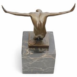 Bronze figure after Milo, a 'Power Of Silence', modelled as a male athlete crouched with arms outstretched upon a marble plinth, signed Milo, H15cm