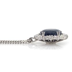 18ct white gold oval sapphire and round brilliant cut diamond pendant necklace, hallmarked, sapphire approx 5.00 carat, total diamond weight approx 1.10 carat