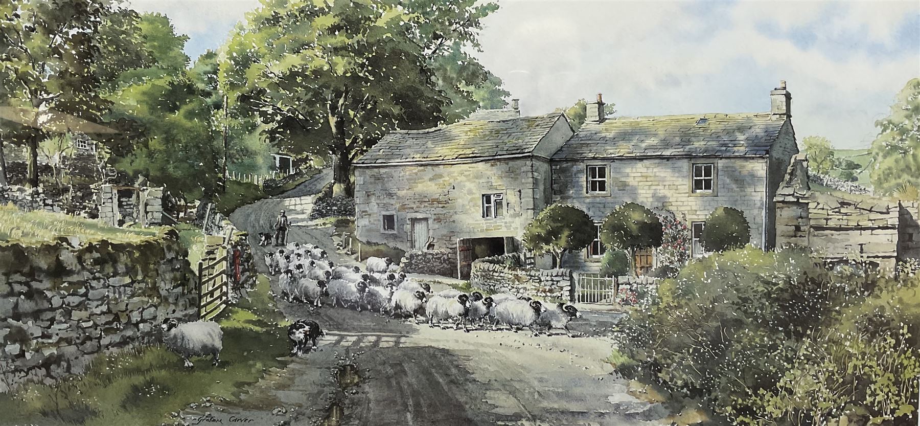 Thomas Leighton (British 20th century): Country Lane with Windmill, pastel signed together with after Graham Carver (British 20th century): 'Lengthening Shadows - Thorpe Wharfdale North Yorkshire', limited edition colour print signed titled and numbered 39/300, 32cm x 61cm (2)