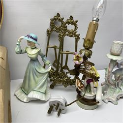 Pair of brass easel display stands, together with a collection of ceramics, including a pair of continental flower encrusted carafes 