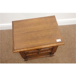  Medium oak bedside cabinet, two drawers, turned supports joined by stretchers, W47cm, H46cm, D36cm  